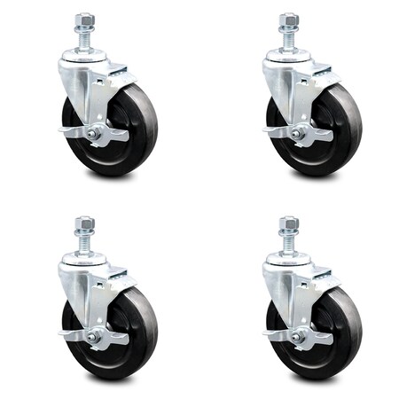 Service Caster 5 Inch Hard Rubber Wheel Swivel 3/8 Inch Threaded Stem Caster Set with Brake SCC SCC-TS20S514-HRS-TLB-381615-4